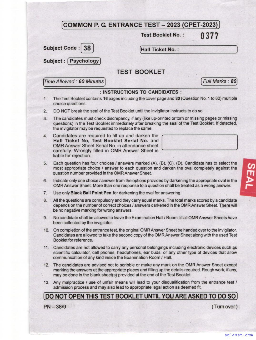 Odisha CPET 2023 Question Paper Psychology - Page 1 of 16