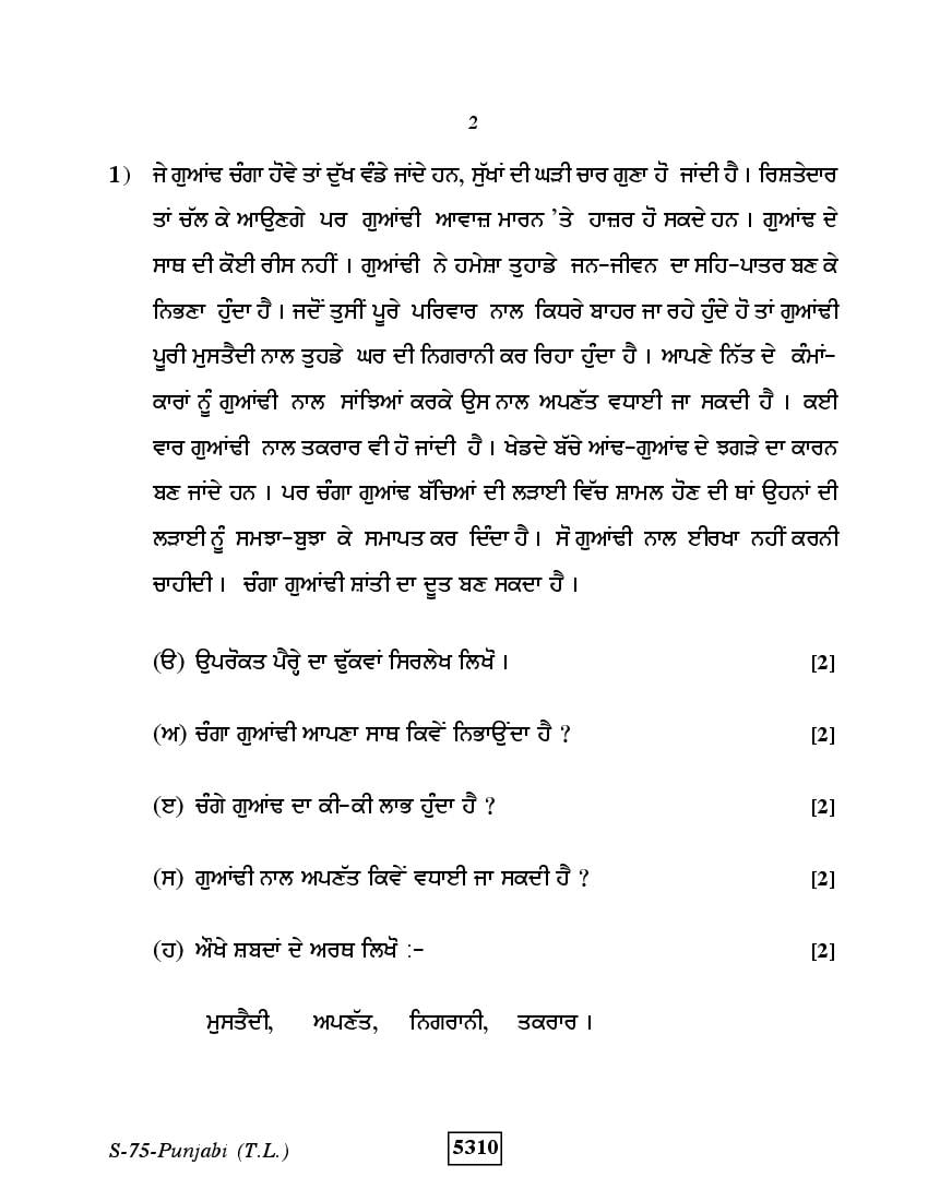 Rajasthan Board Secondary Punjabi (TL) Question Paper