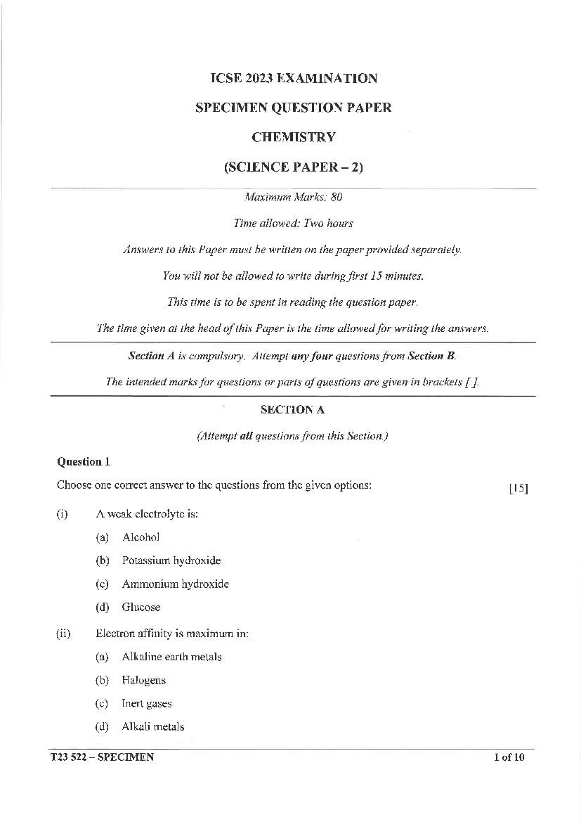 ICSE Class 10 Sample Paper 2023 Chemistry - Page 1