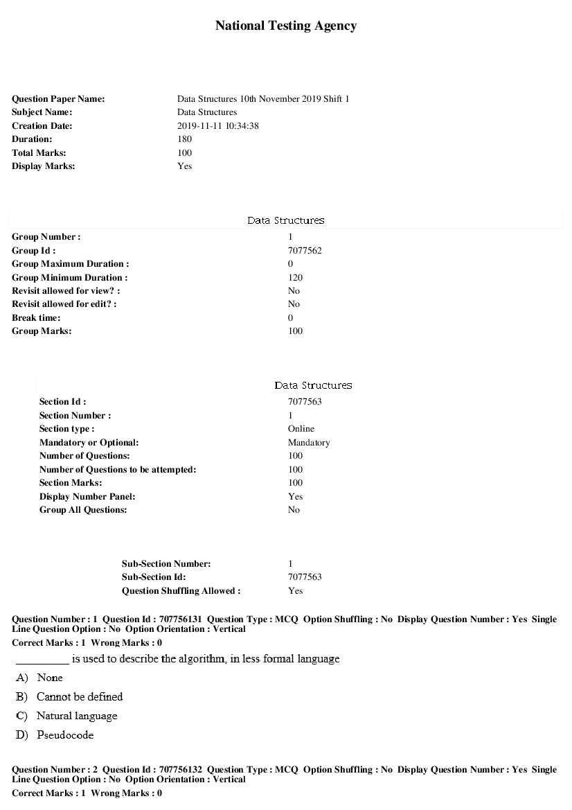 SWAYAM 2019 Question Paper Data Structures Shift 1 - Page 1 of 27