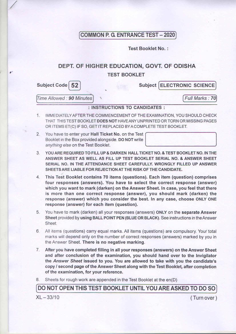 Odisha CPET 2020 Question Paper Electronic Science - Page 1