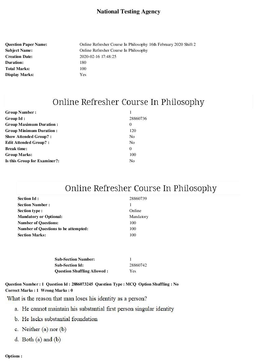 ARPIT 2020 Question Paper for Online Refresher Course In Philosophy Shift 2 - Page 1