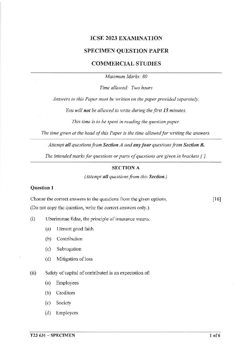 ICSE Class 10 Sample Paper 2023 Commercial Studies - Page 1