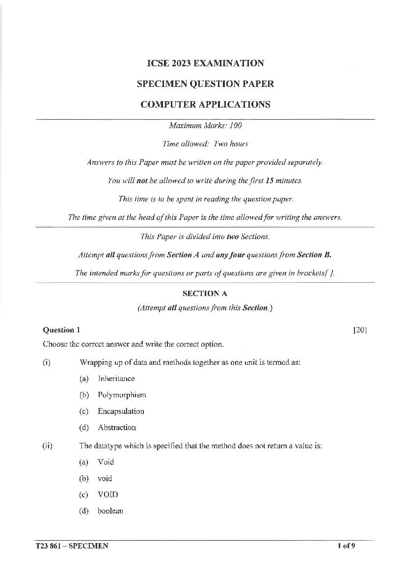 ICSE Class 10 Sample Paper 2023 Computer Applications - Page 1