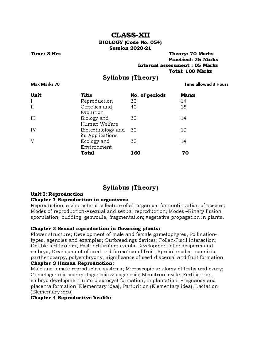 PSEB Syllabus 2021-22 for Class 12 Biology - Page 1