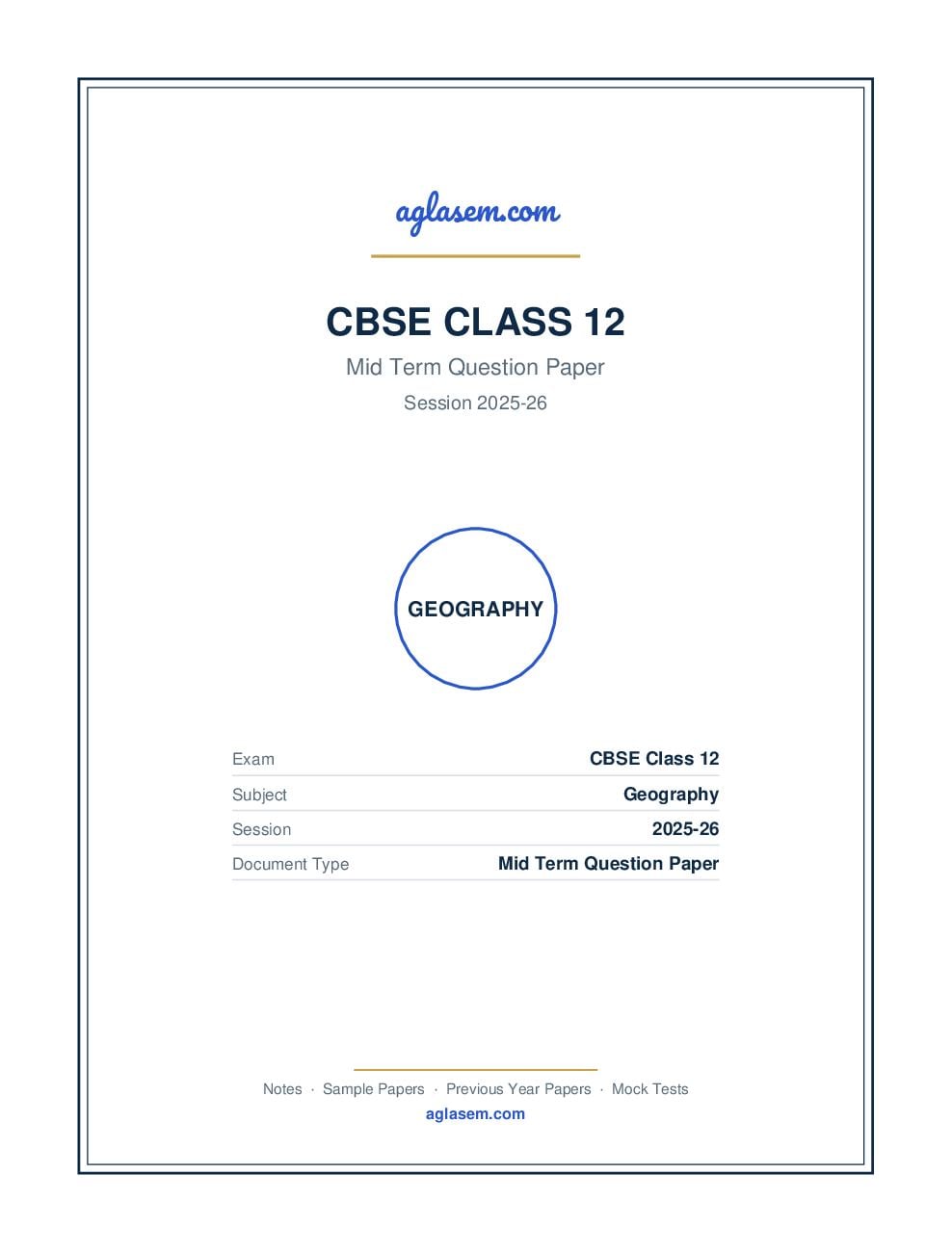 Class 12 Mid Term Question Paper 2025-26 Geography - Page 1 of 9