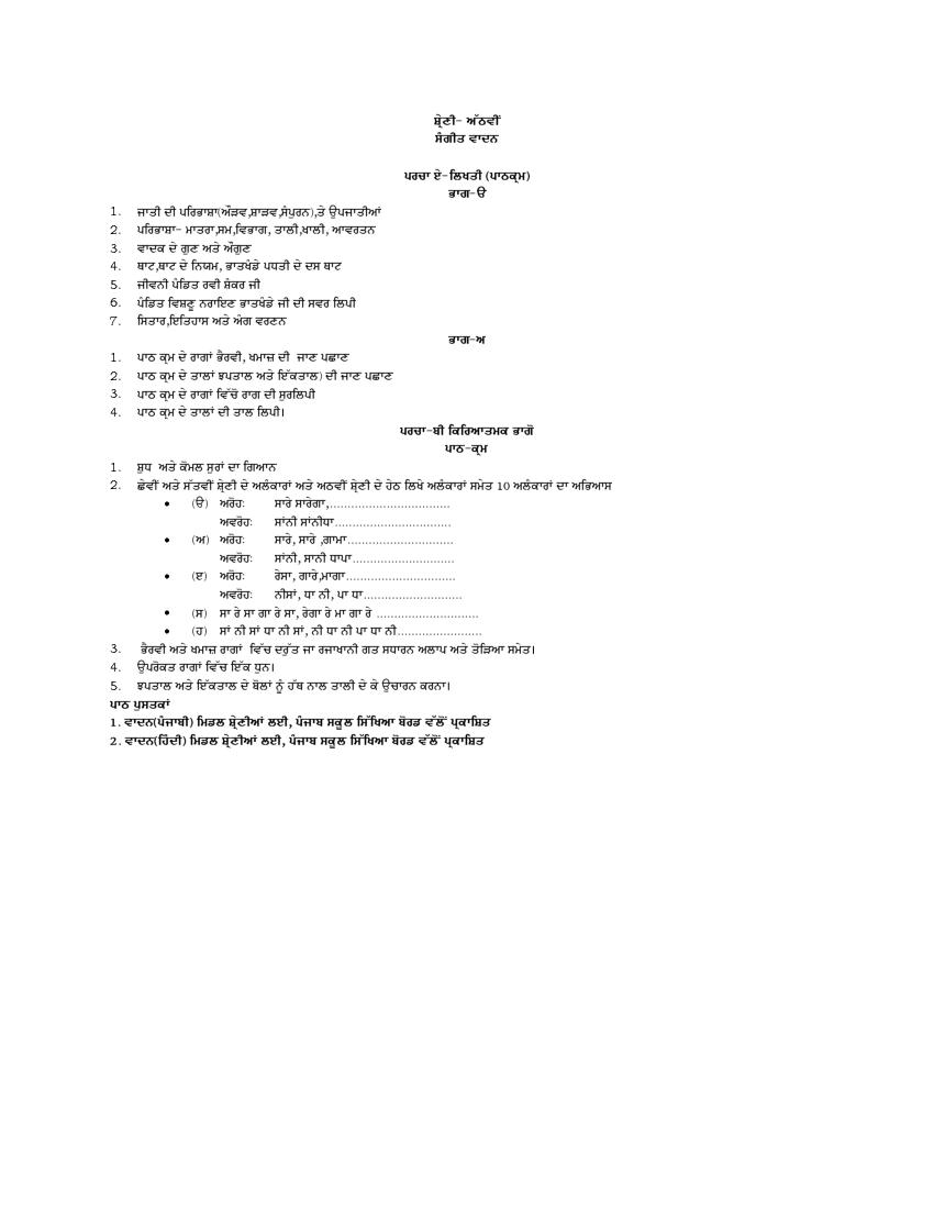 PSEB Syllabus 2021-22 for Class 8 Music Instrument - Page 1