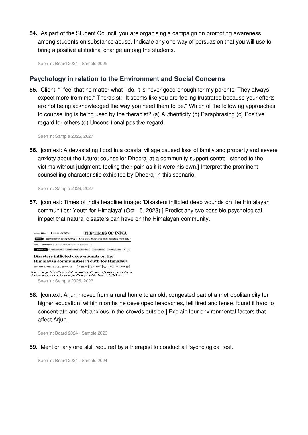 ISC Class 12 Psychology Important Questions 2027 (PDF)