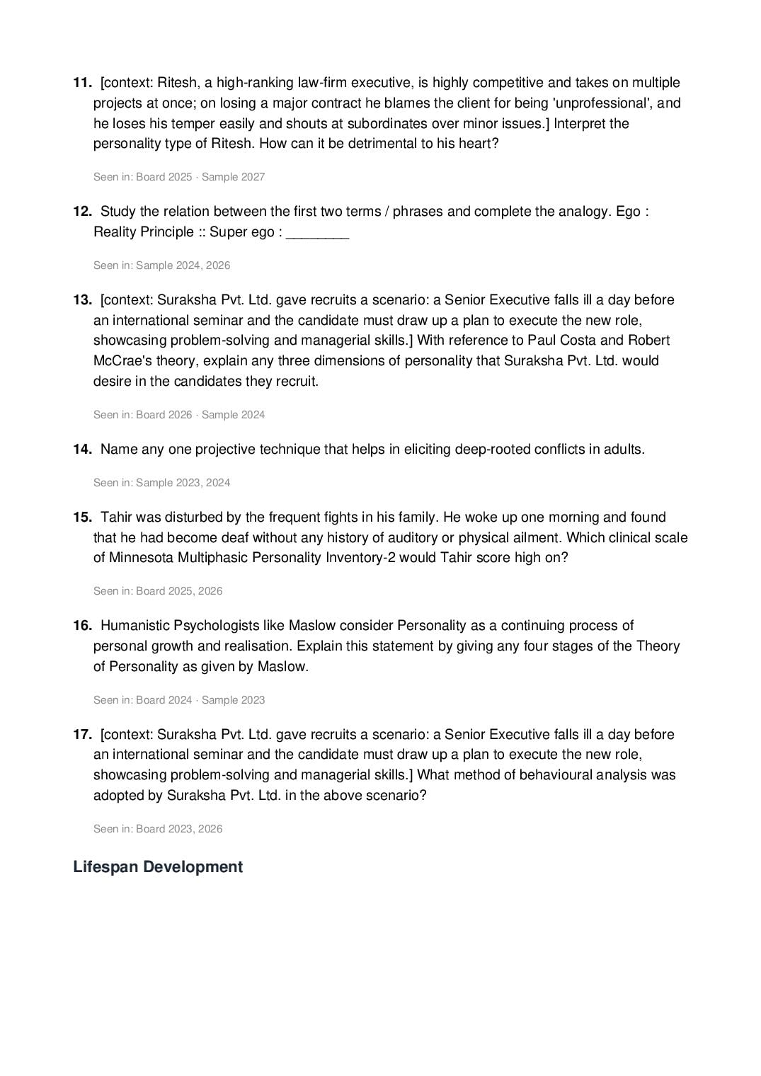 ISC Class 12 Psychology Important Questions 2027 (PDF)