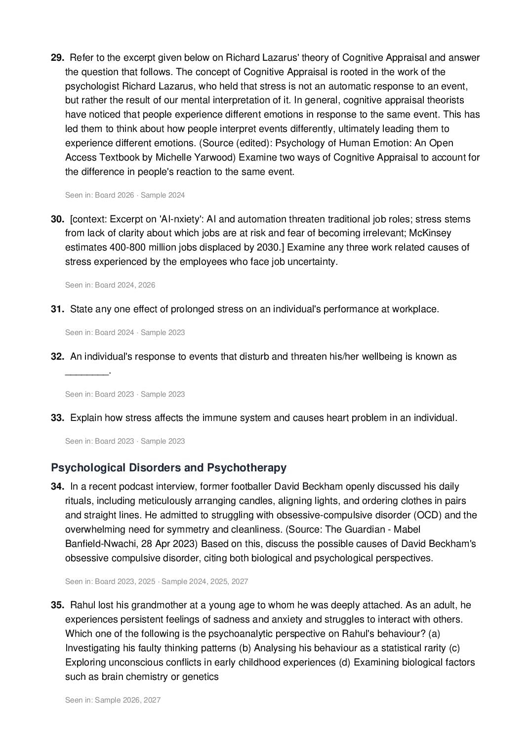 ISC Class 12 Psychology Important Questions 2027 (PDF)