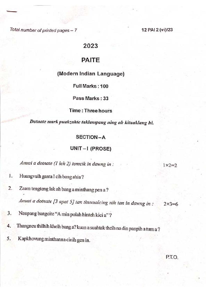 Manipur Board Class 12 Question Paper 2023 for Paite - Page 1