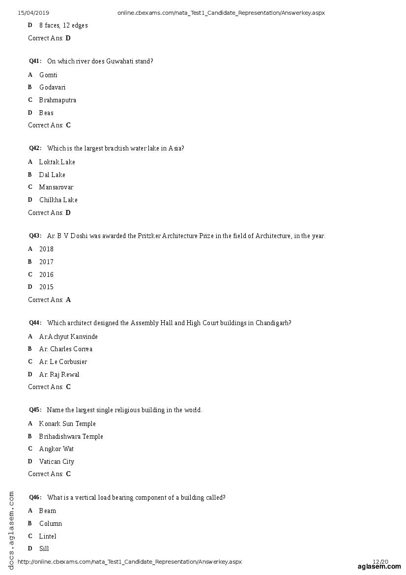 NATA 2019 Question Paper PDF with Answer Key (April, July)