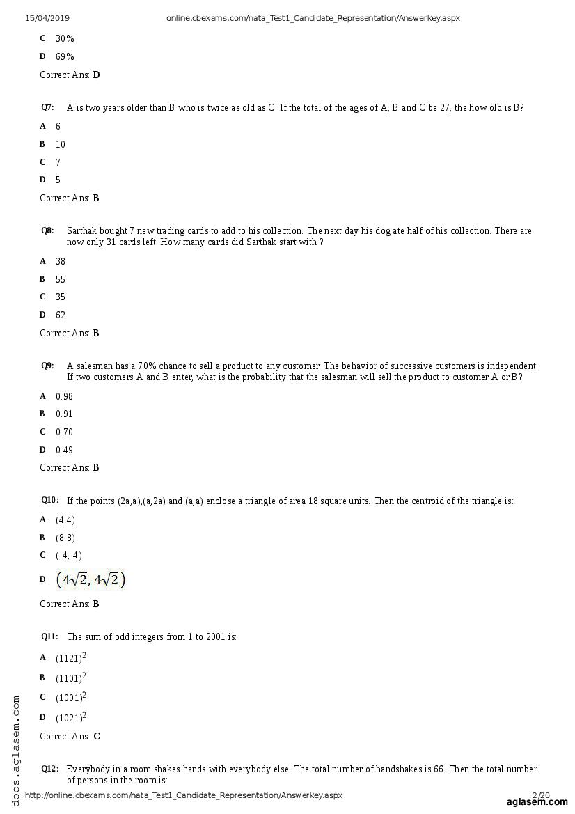 NATA 2019 Question Paper PDF with Answer Key (April, July)