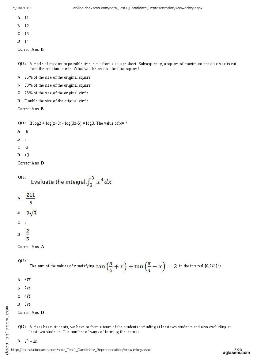 NATA 2019 Question Paper PDF with Answer Key (April, July)