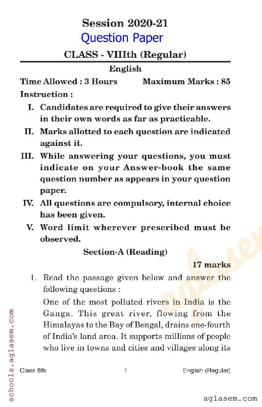 HP Board Class 7 Question Paper 2021 English - Page 1
