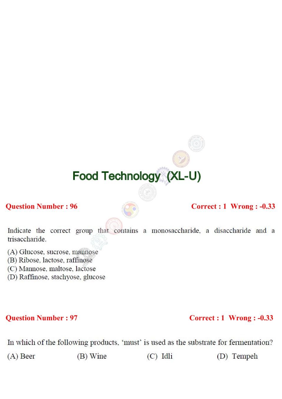 GATE 2017 Food Technology (XL-U) Question Paper with Answer - Page 1