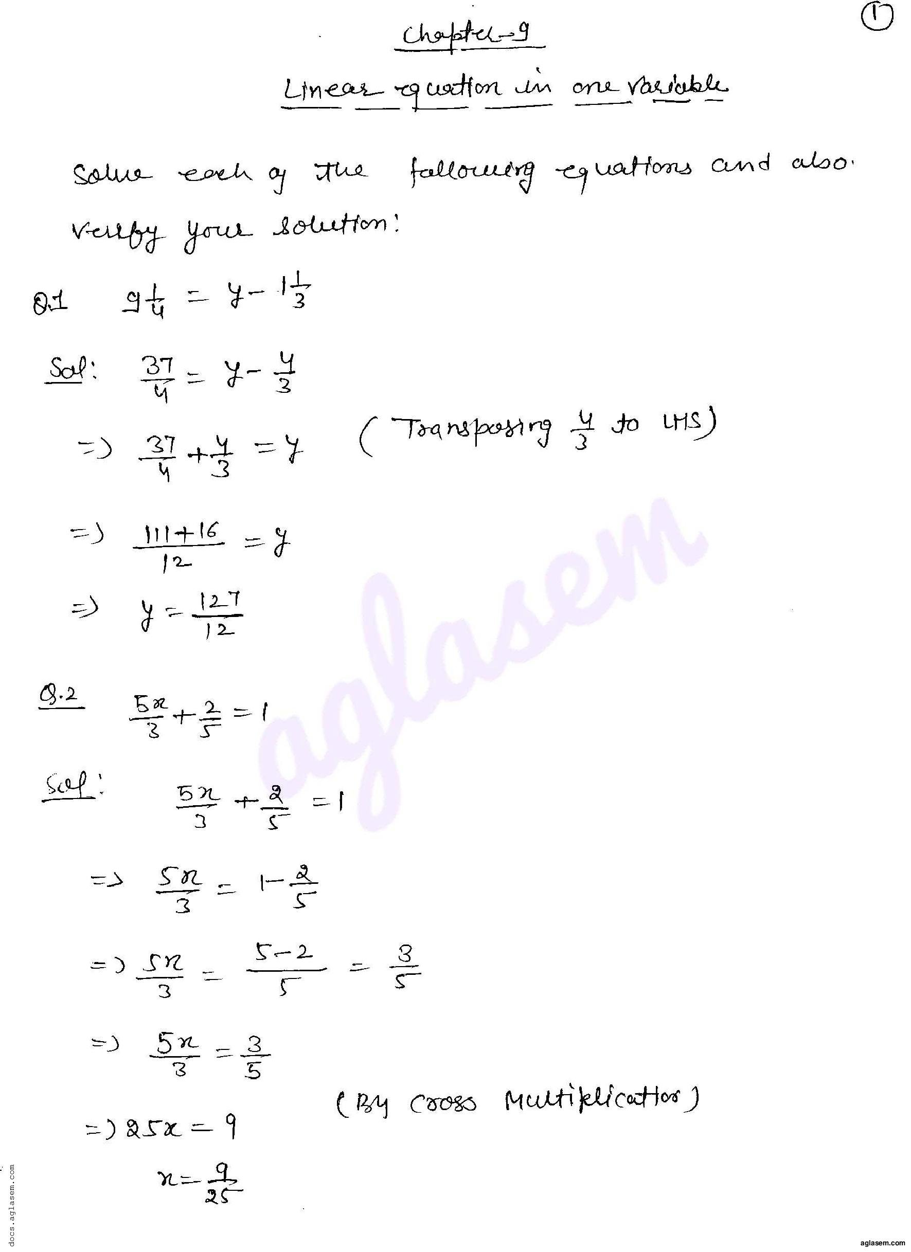 RD Sharma Solutions Class 8 Chapter 9 Linear Equation in One Variable Exercise 9.1 - Page 1