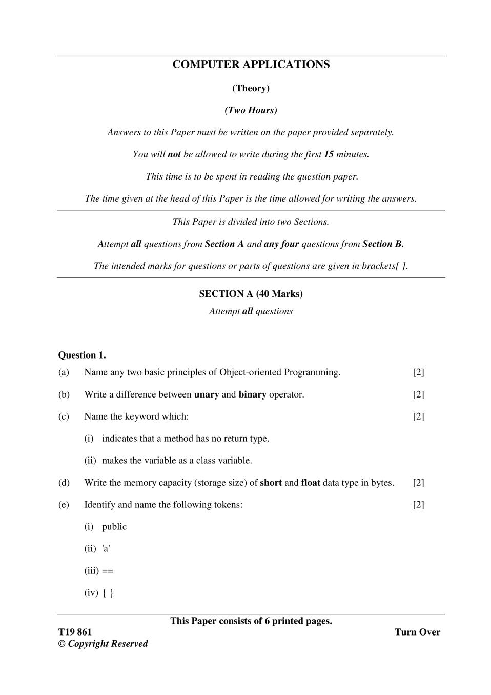 ICSE Class 10 Question Paper 2019 for Computer Applications  - Page 1