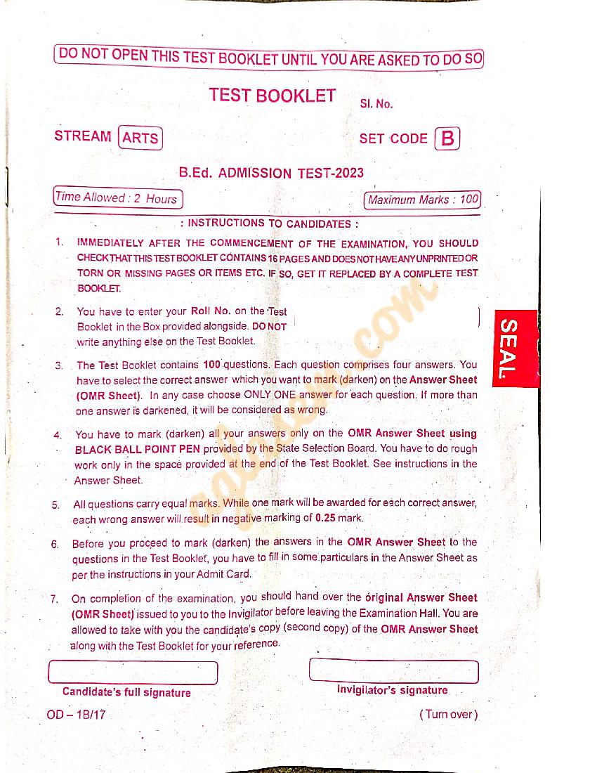 Odisha B.Ed Entrance Exam 2023 Question Paper Arts - Page 1