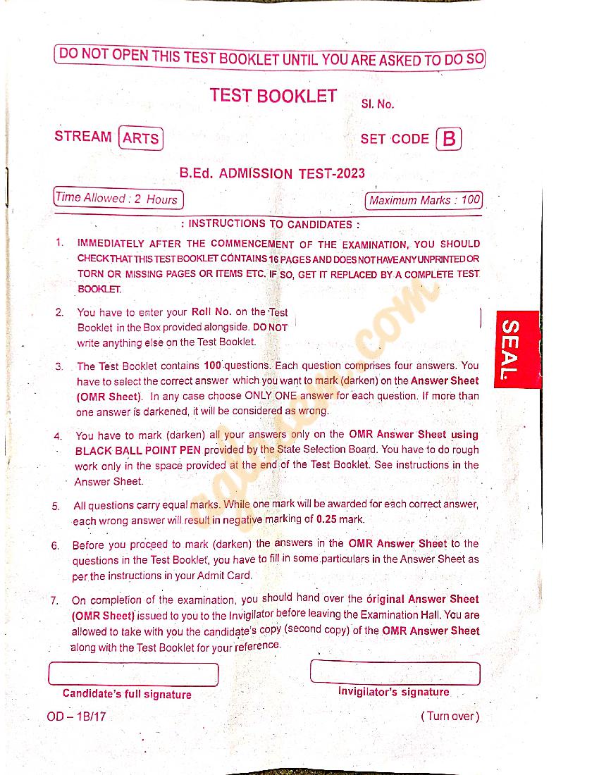 Odisha B.Ed Entrance Exam 2023 Question Paper Arts