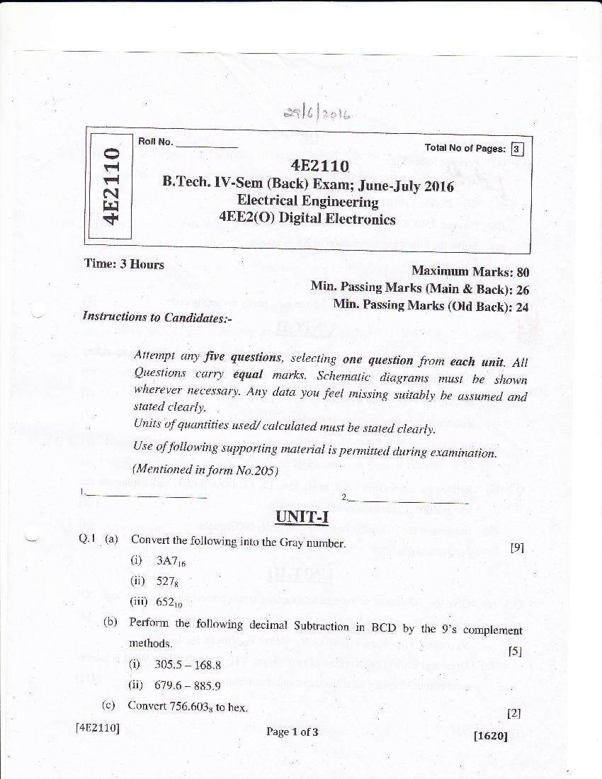 RTU 2016 Question Paper Semester IV Electrical Engineering Digital Electronics - Page 1