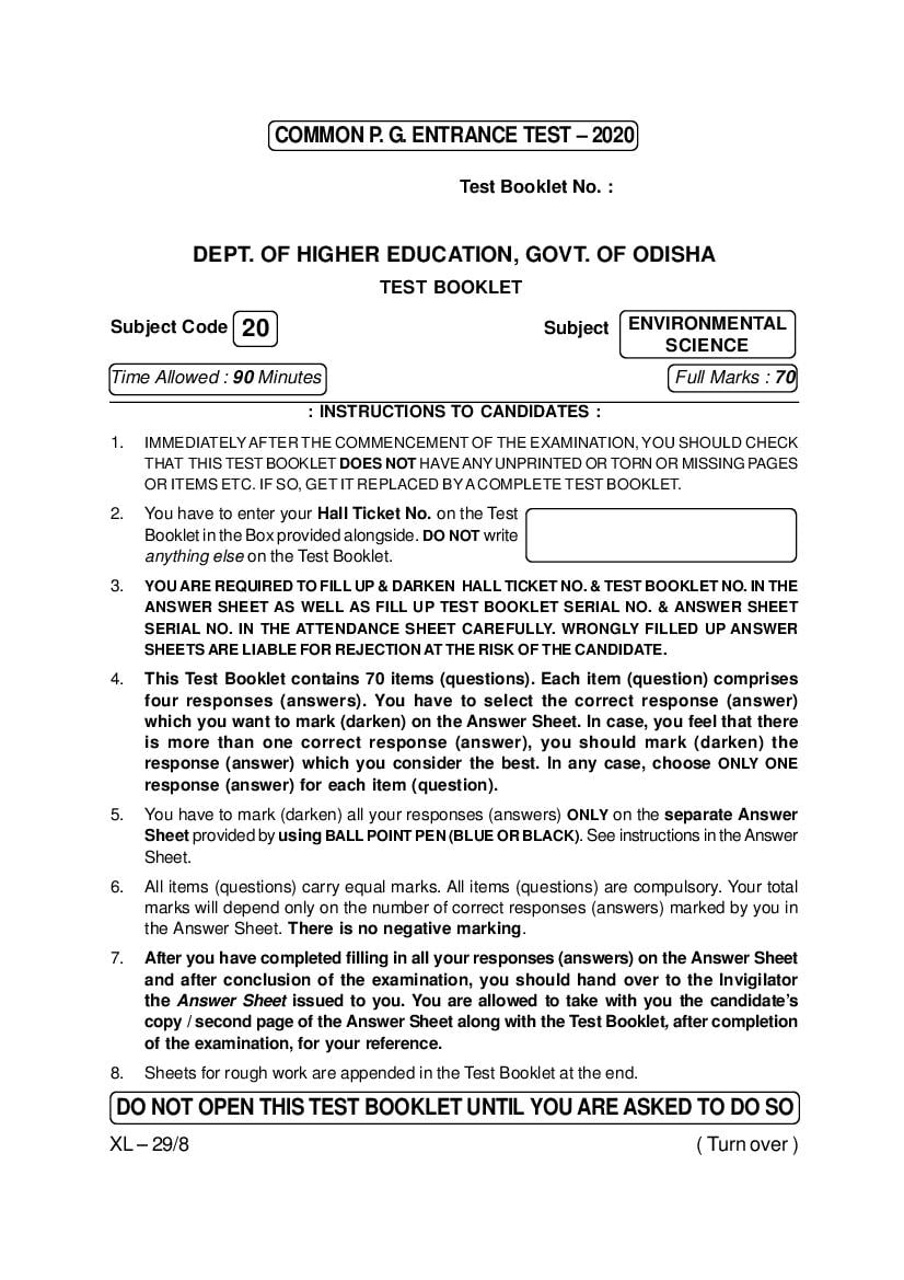 Odisha CPET 2020 Question Paper Environmental Science - Page 1