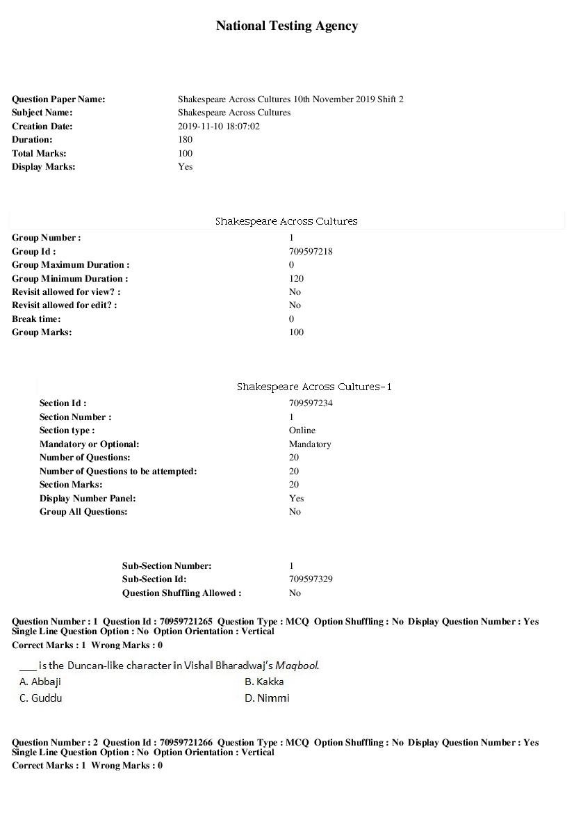 SWAYAM 2019 Question Paper Shakespeare Across Cultures - Page 1 of 6