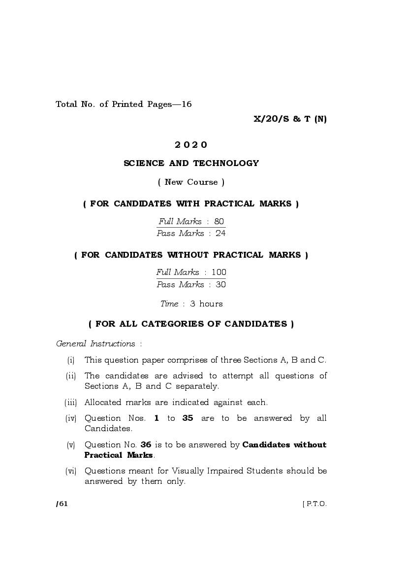 MBOSE Class 10 Question Paper 2020 for Science and Technology New Course - Page 1