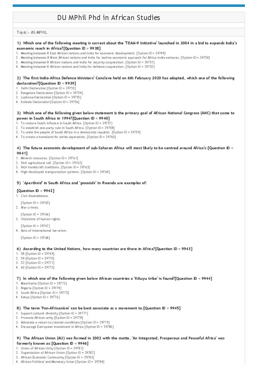 DUET 2021 Question Paper M.Phil Ph.D in African Studies - Page 1
