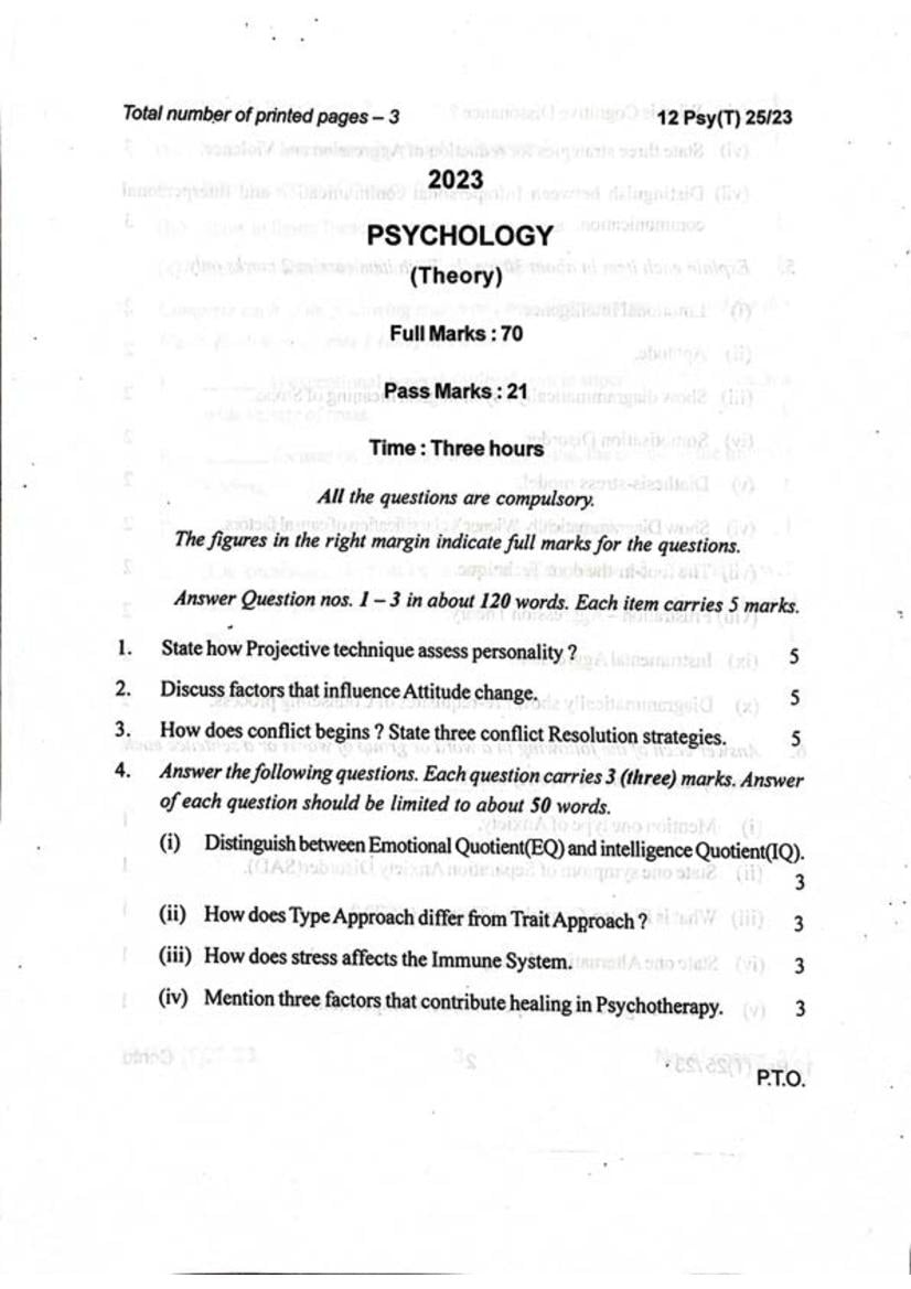 Manipur Board Class 12 Question Paper 2023 for Psychology - Page 1