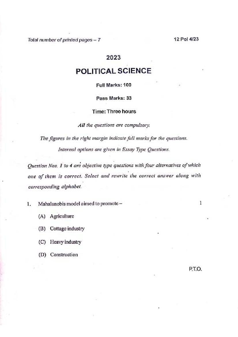 Manipur Board Class 12 Question Paper 2023 for Political Science - Page 1