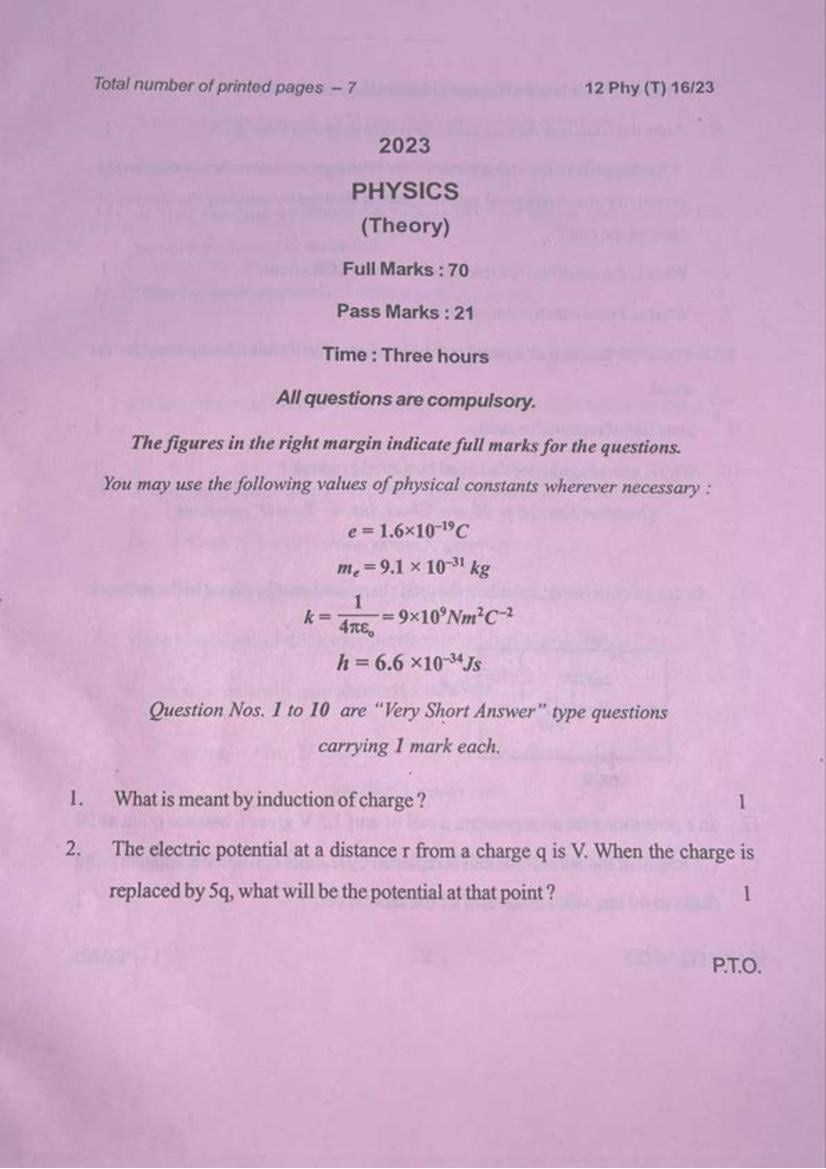 Manipur Board Class 12 Question Paper 2023 for Physics - Page 1