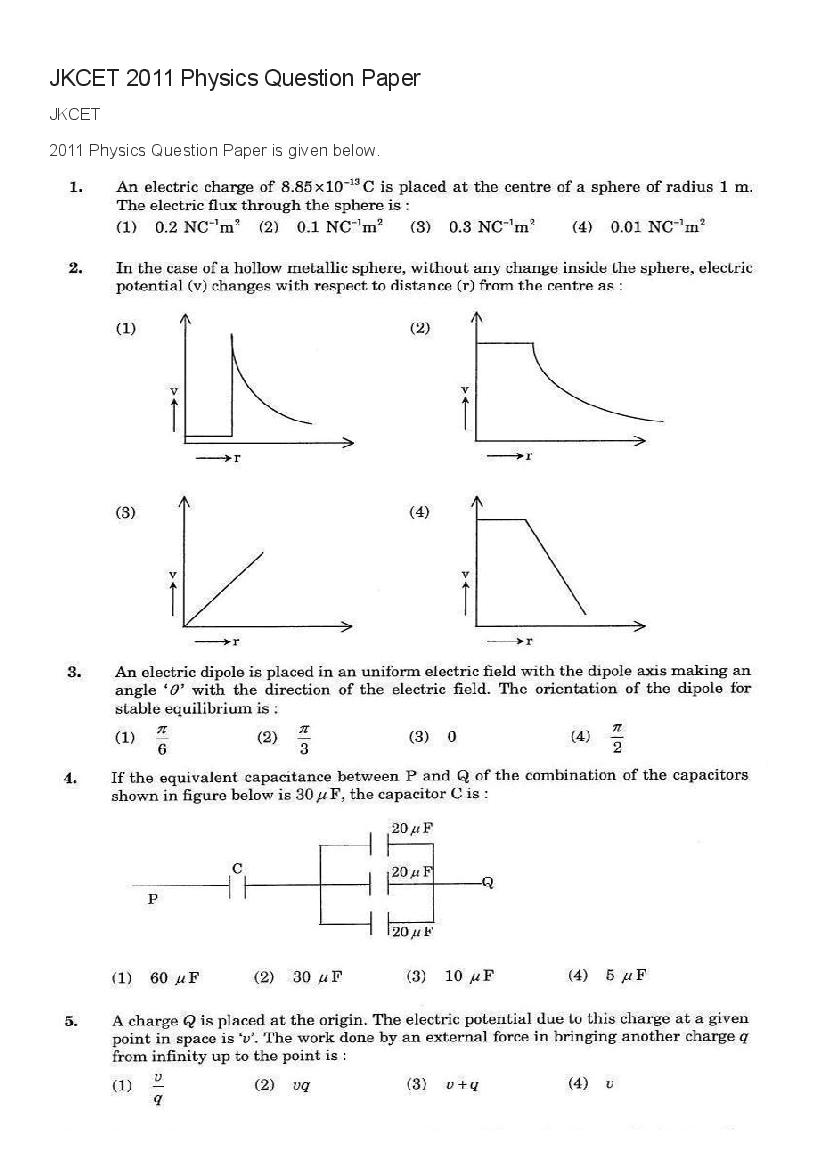 JKCET 2011 Question Paper - AglaSem Admission