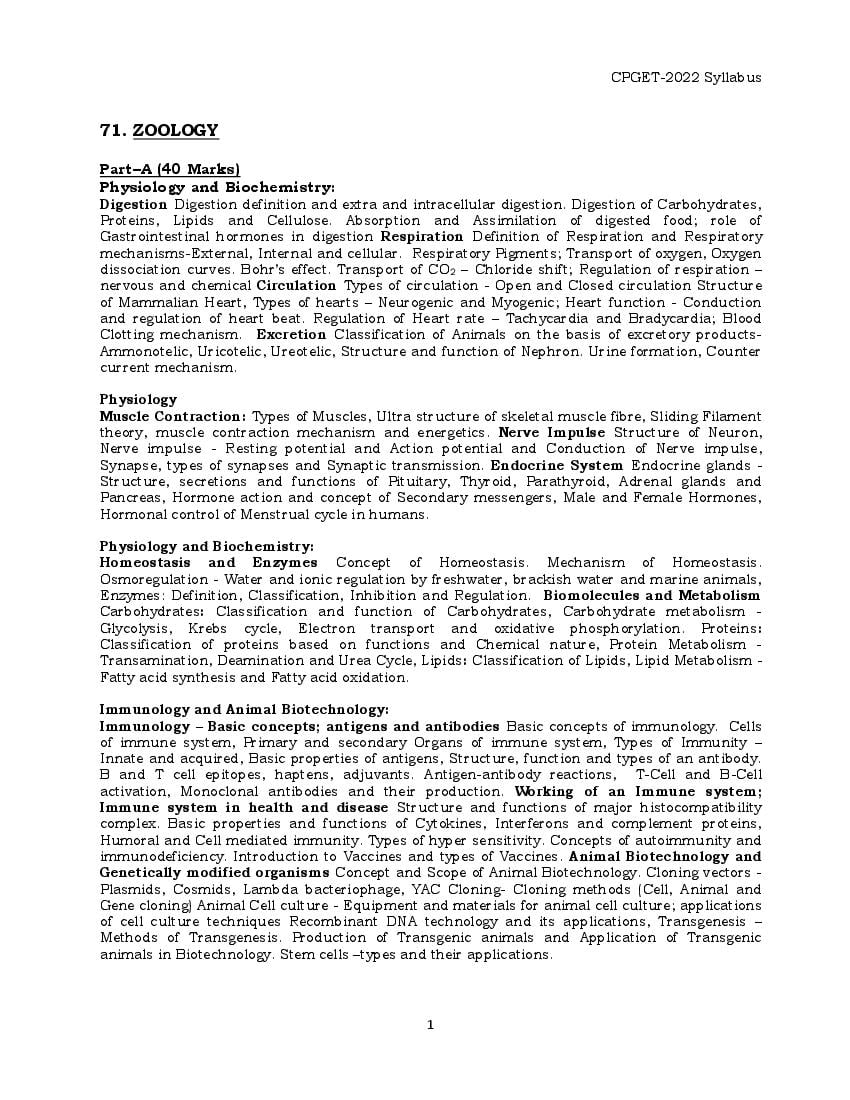TS CPGET 2022 Syllabus M.Sc Zoology - Page 1