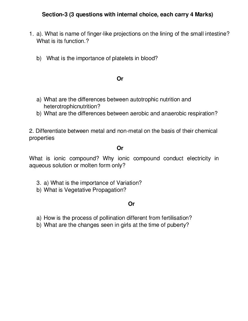 PSEB Sample Paper 2022 for Class 10 Science Theory