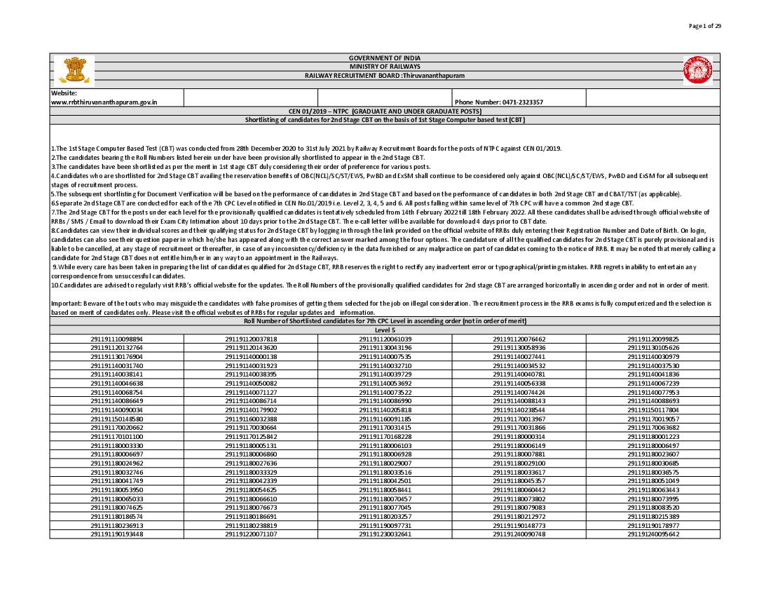 RRB Thiruvananthapuram NTPC CBT 1 Result 2022 Level 5 - Page 1
