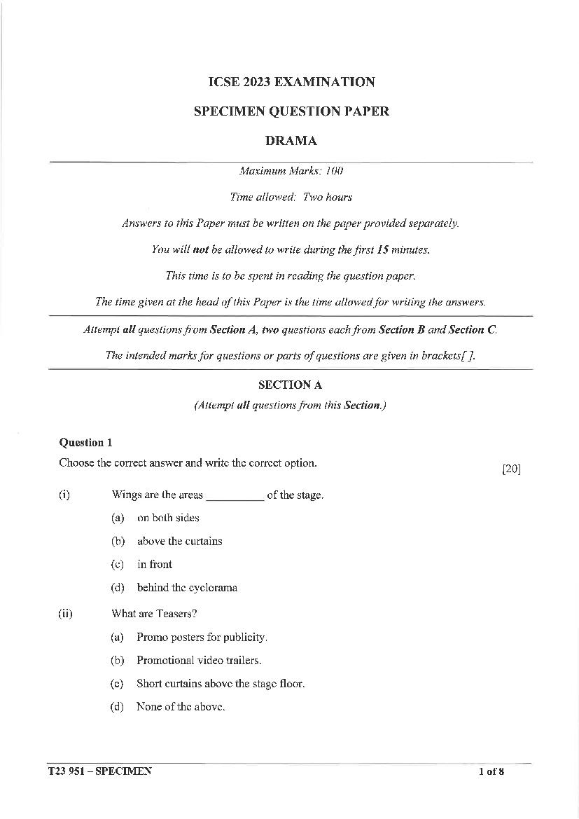 ICSE Class 10 Sample Paper 2023 Drama - Page 1