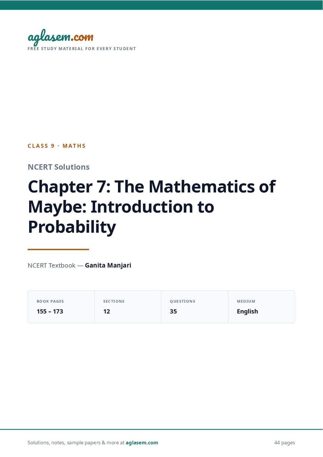 NCERT Solutions Class 9 Maths Chapter 7 the Mathematics of Maybe Introduction to Probability - Page 1 of 45