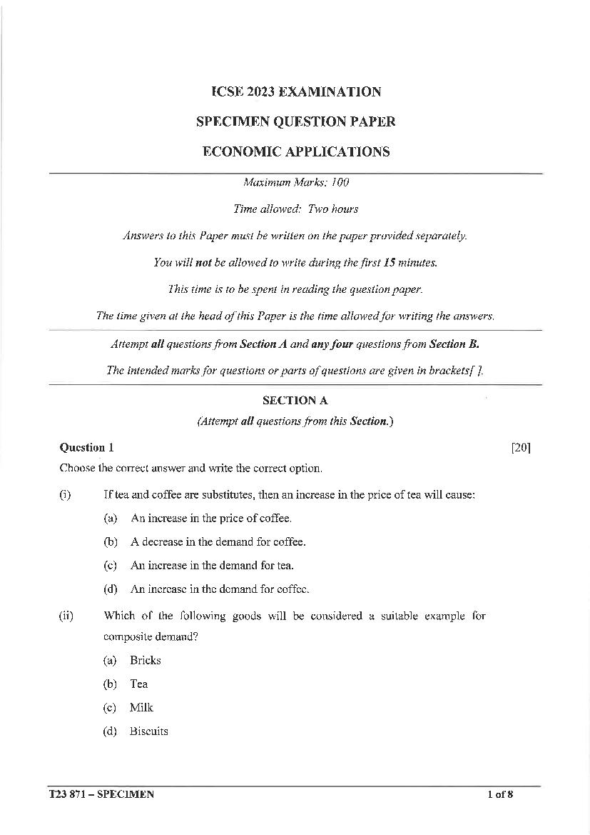 ICSE Class 10 Sample Paper 2023 Economic Applications - Page 1