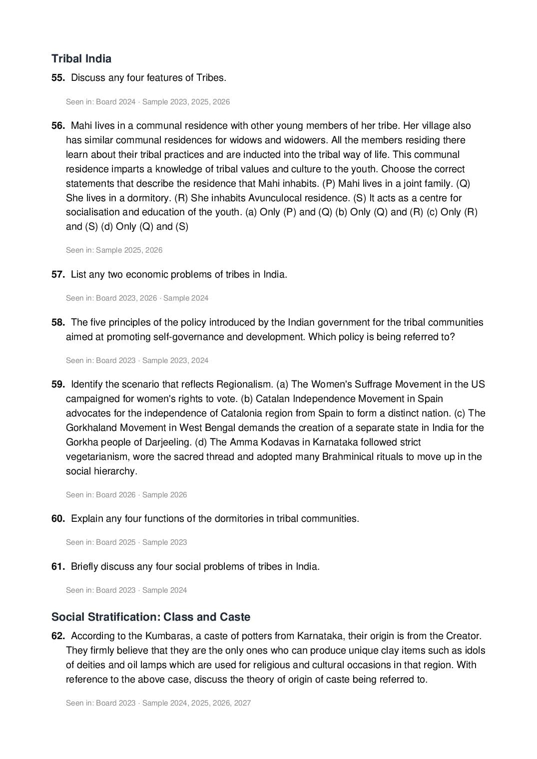 ISC Class 12 Sociology Important Questions 2027 (PDF)