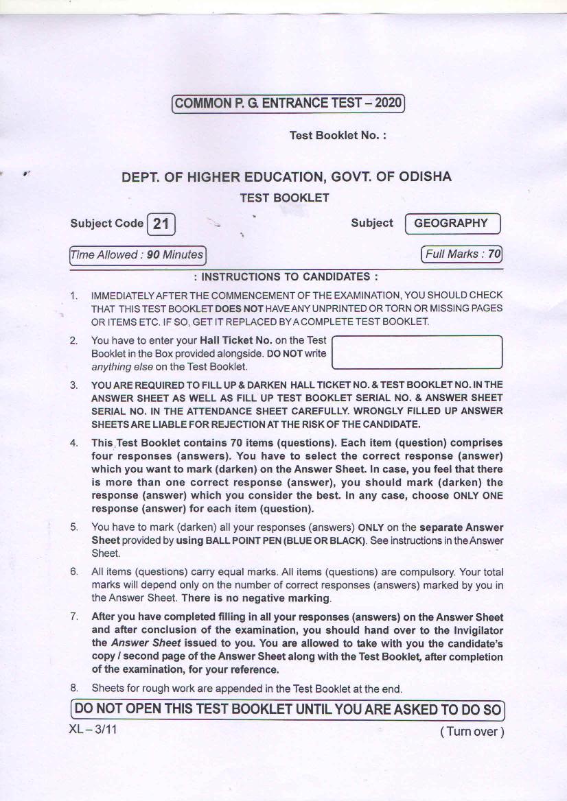 Odisha CPET 2020 Question Paper Geography - Page 1