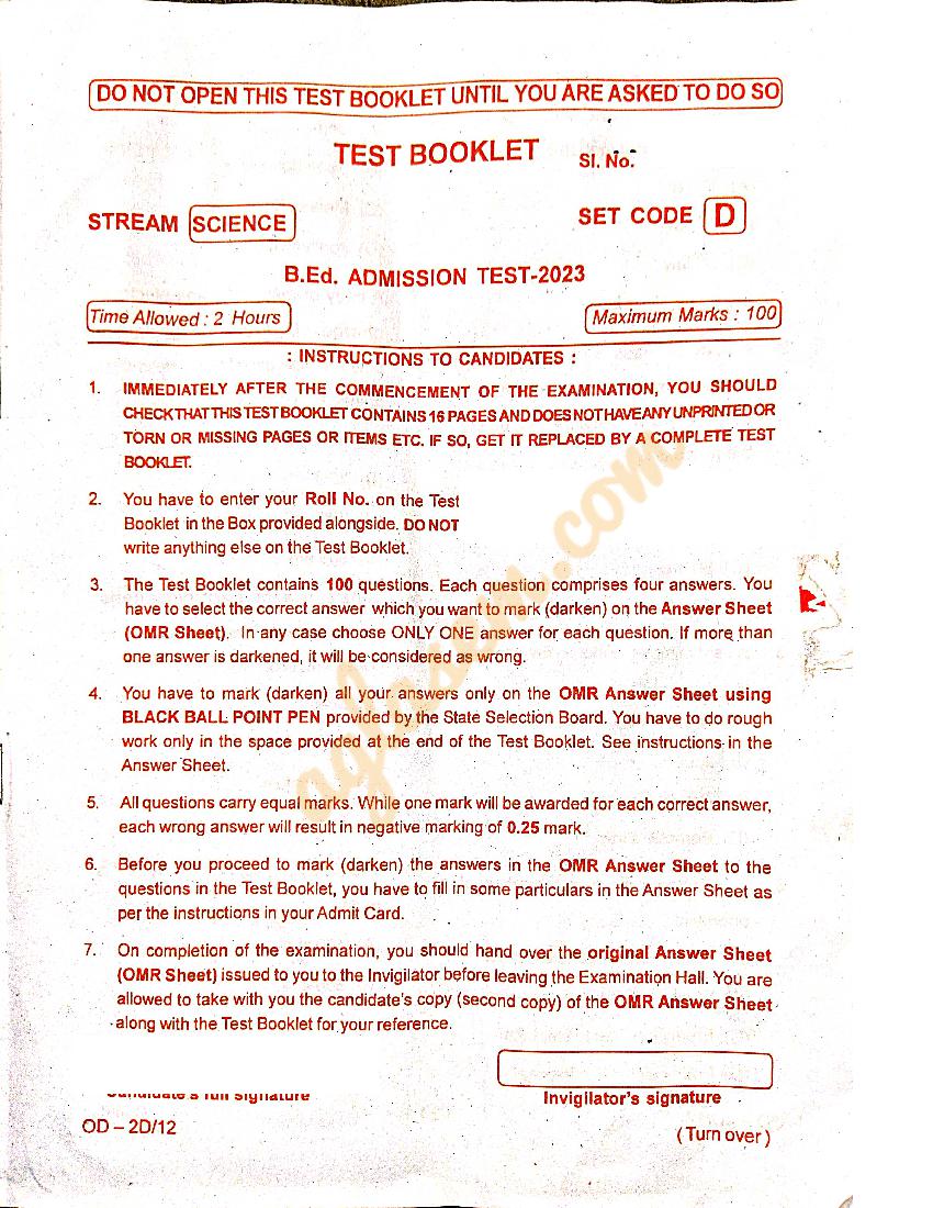 Odisha B.Ed Entrance Exam 2023 Question Paper Science - Page 1