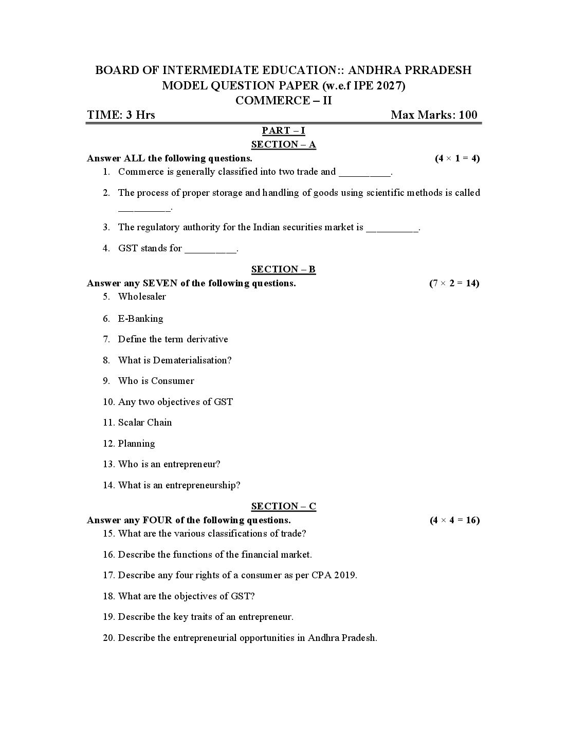 AP Class 12 Model Paper 2027 Commerce - Page 1 of 4