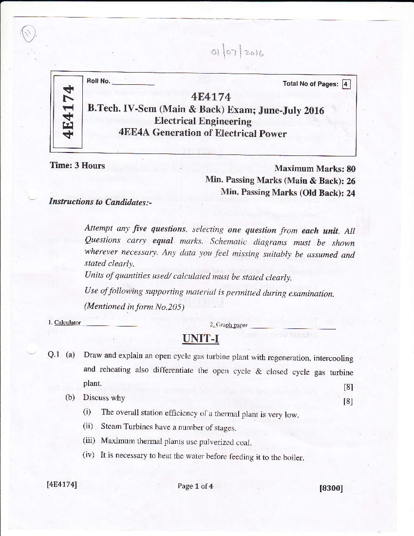 RTU 2016 Question Paper Semester IV Electrical Engineering Generation of Electrical Power - Page 1