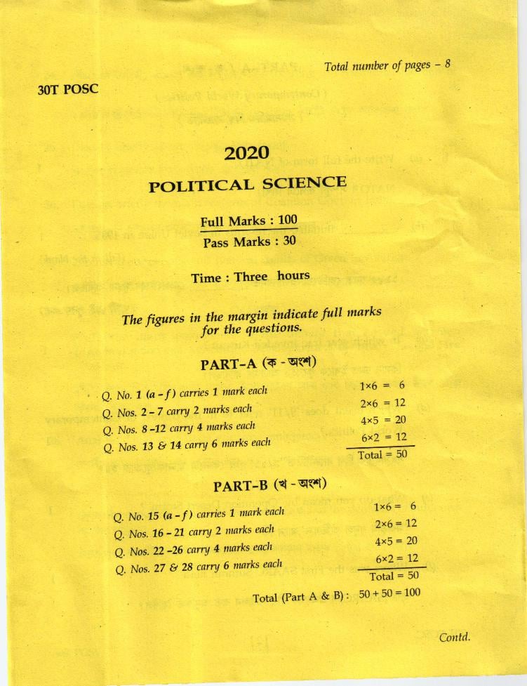 AHSEC HS 2nd Year Question Paper 2020 Political Science - Page 1