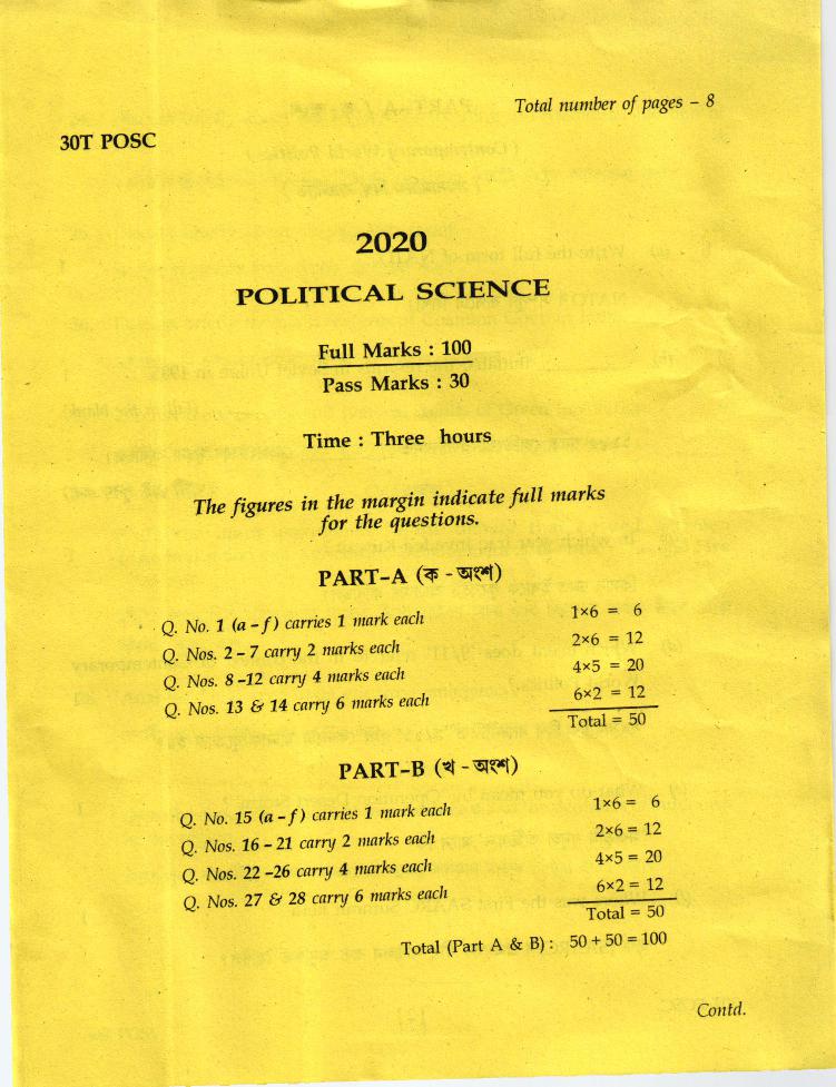 AHSEC HS 2nd Year Question Paper 2020 Political Science