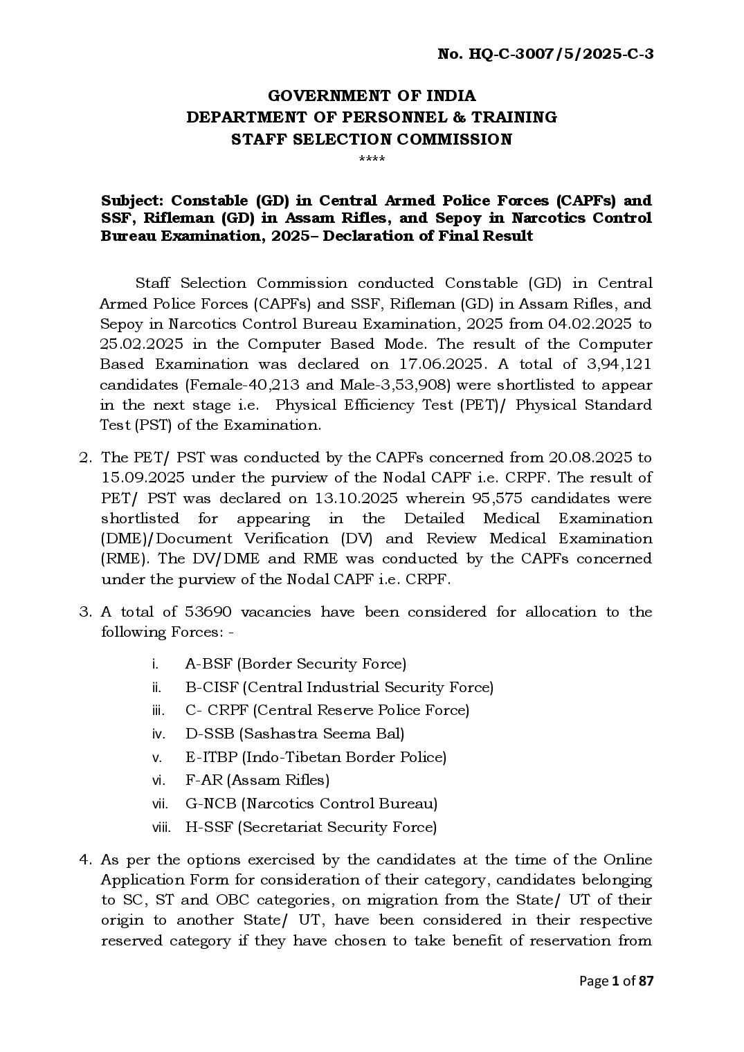 SSC GD Constable 2025 Cut Off - Page 1 of 87