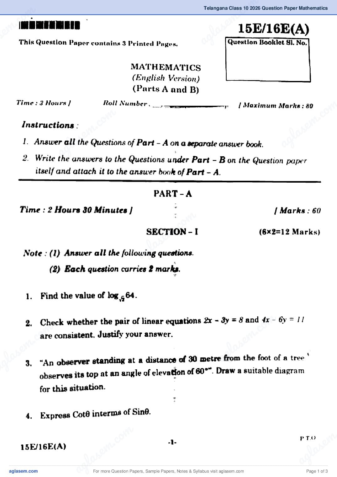 Telangana SSC Maths Question Paper 2026 PDF – Download TS Class 10 Previous Year Papers