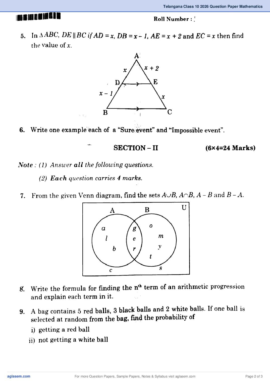 Telangana SSC Maths Question Paper 2026 PDF – Download TS Class 10 Previous Year Papers