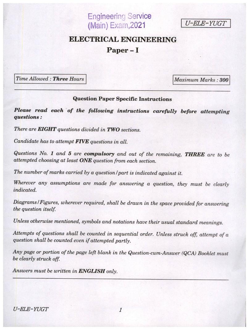 UPSC IES 2021 (Mains) Question Paper for Electrical Engineering Paper I - Page 1